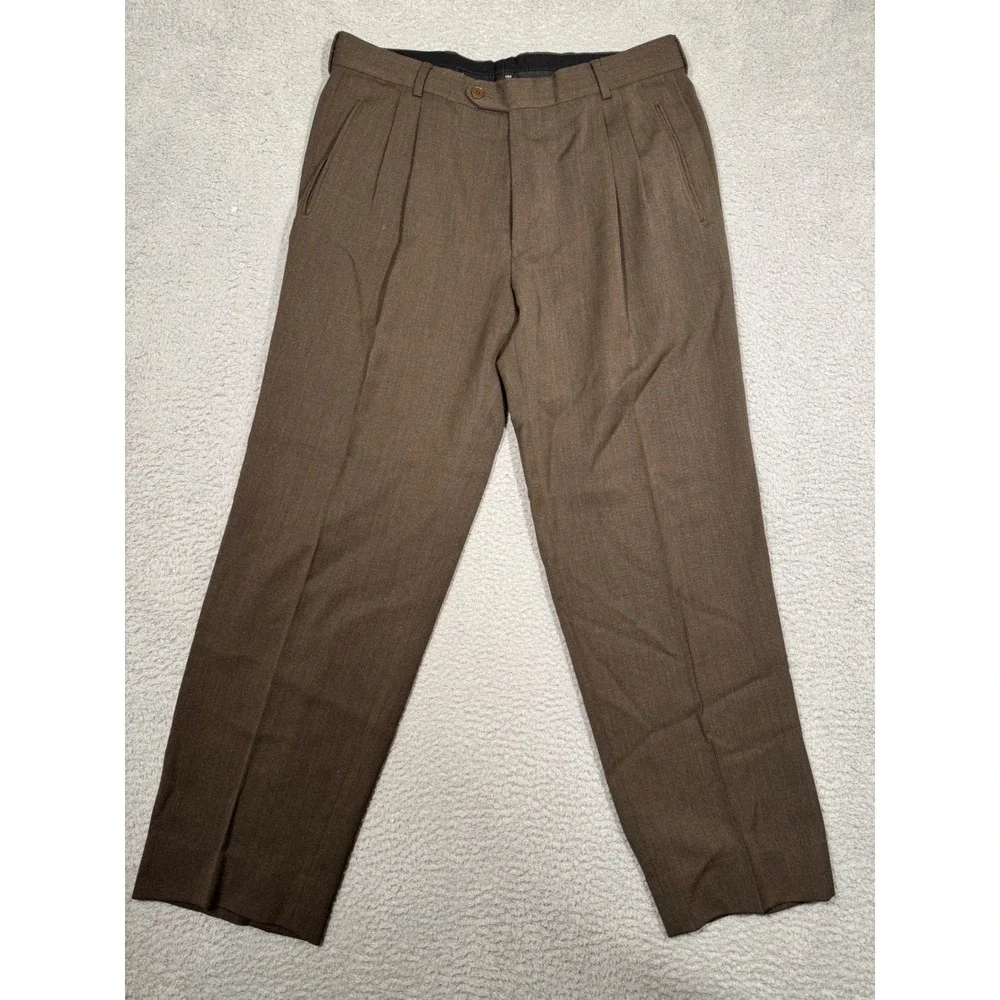 Hugo Boss Mens Brown 100% Virgin Wool Pleated Dress Pants Straight Leg 34x30 - Picture 7 of 7